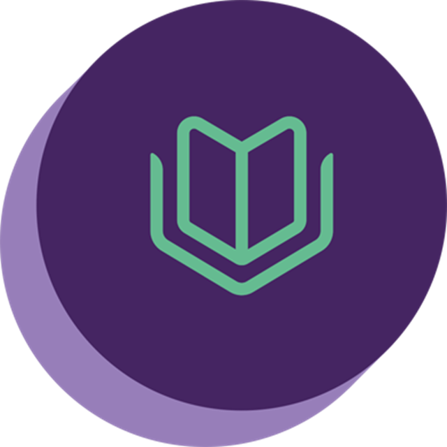 A logo with a green open book icon inside a purple circular background, with a soft lavender shadow behind it.